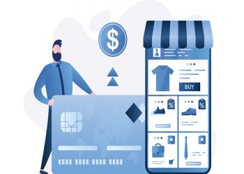 Mobile online shopping. Smartphone app, pages with products selection, ordering and safe payment for purchases. Internet shopping, handsome man use credit card. Fashion Male buyer. Vector illustration