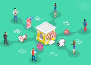 Isometric flat vector concept of cross channel, omnichannel, several communication channels between seller and customer, digital marketing, online shopping.