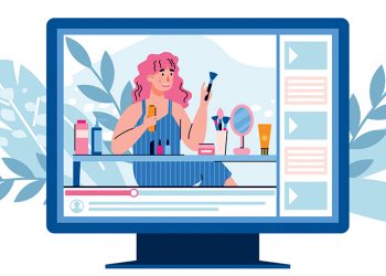 Computer screen with young beautiful girl videoobloger or vlogger recording video about makeup and beauty products, flat vector illustration isolated on white background.