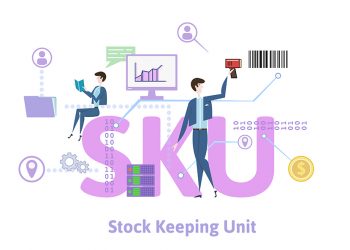SKU, stock keeping unit. Concept with keywords, letters and icons. Colored flat vector illustration on white background.