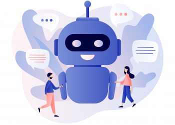 Chatbot concept. Tiny people chatting with chatbot application. AI robot assistant, online customer support. Modern flat cartoon style. Vector illustration