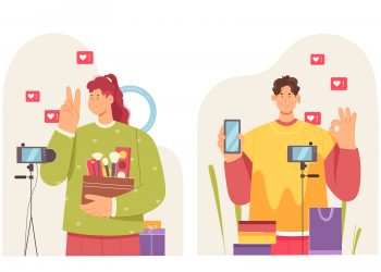 Video shopping review and marketing content of blogs set vector illustration. Cartoon man and woman bloggers selling products, recording tutorials and unboxing parcels live stream. Influence concept